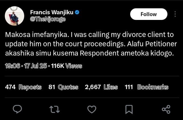 Francis wanjiku thenjoroge follow makosa imefanyika. 1was calling my divorce cli