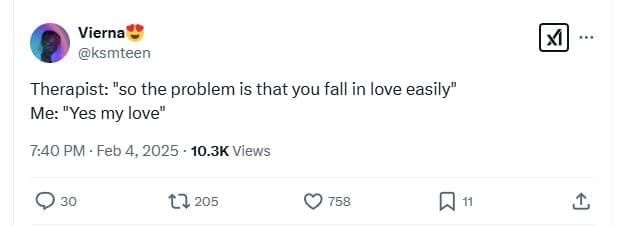 Vierna ksmteen therapist so the problem is that you fall in love easily me yes m