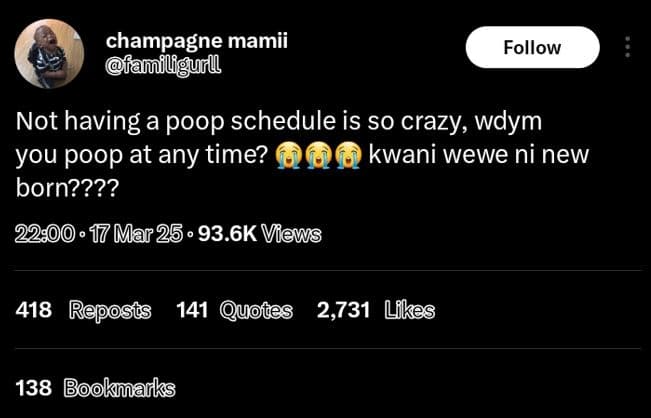 Champagne mamii familigur follow not having a poop schedule is so crazy wdym you