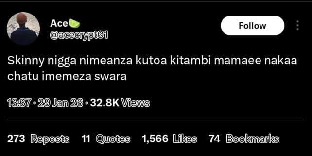 Ace acecnypd0 follow skinny nigga nimeanza kutoa kitambi mamaee nakaa chatu imem