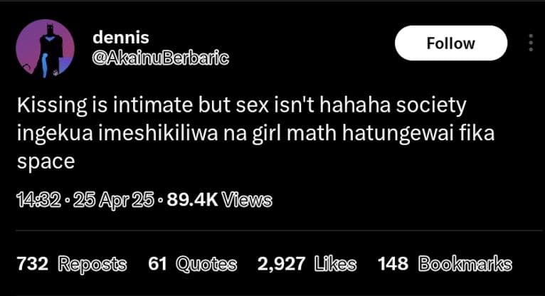 Dennis akainuberbaric follow kissing is intimate but sex isn't hahaha society in