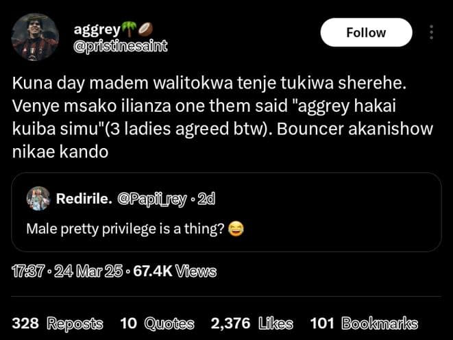 Aggrey risdnesaint follow kuna day madem walitokwa tenje tukiwa sherehe. venye m