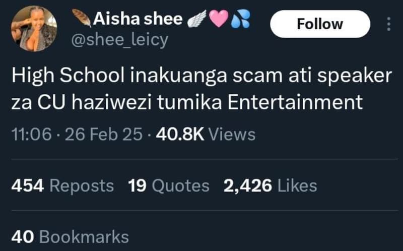 Aisha shee shee leicy follow high school inakuanga scam ati speaker za cu haziwe