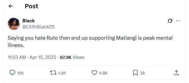 Post black lilithblack25 saying you hate ruto then end up supporting matiangi is