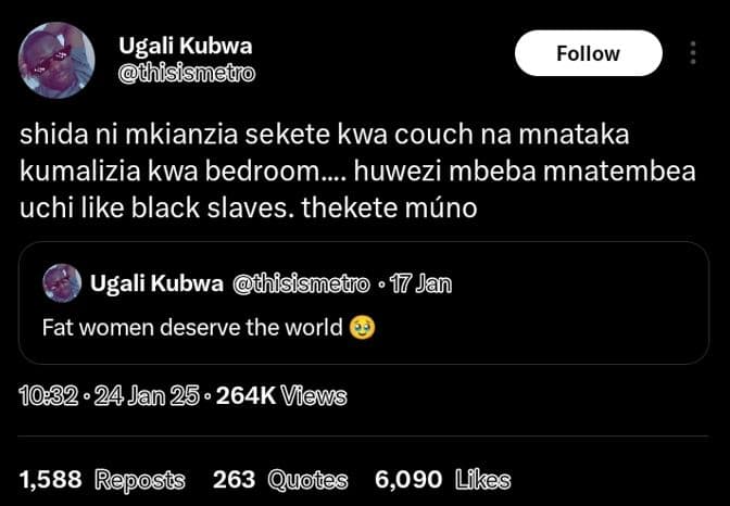 Ugali kubwa thisismeto follow shida ni mkianzia sekete kwa couch na mnataka kuma