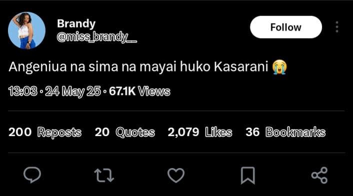 Brandy miss_blandy _ follow angeniua na sima na mayai huko kasarani 24 mays 25 .