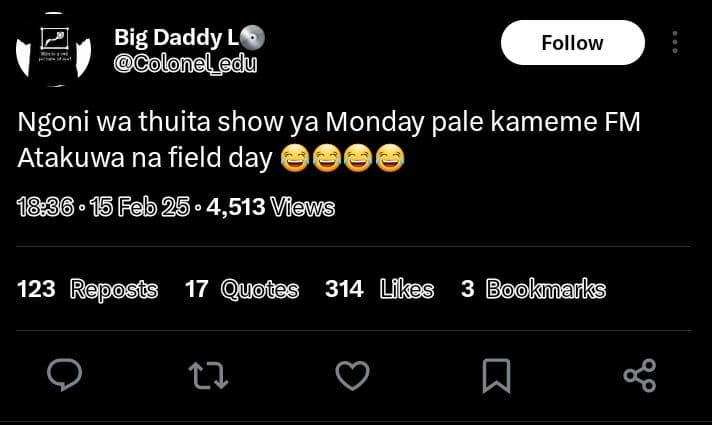 Big daddy l ? colonel_du follow ngoni wa thuita show ya monday pale kameme fm at