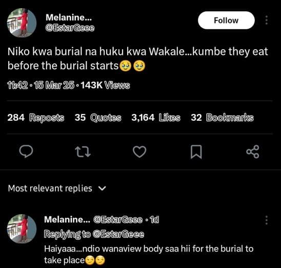 Melanine . estaigeee follow niko kwa burial na huku kwa wakale_kumbe they eat be