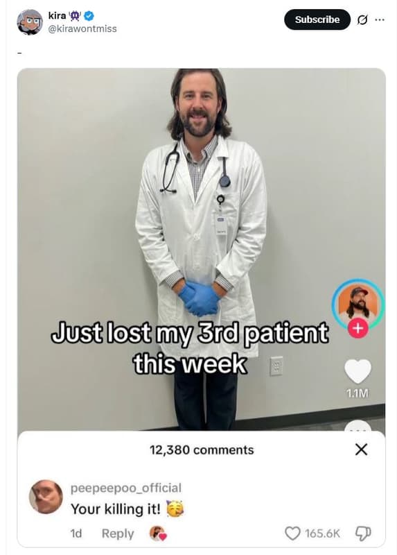Kira ' kirawontmiss subscribe just lost my 3rdpatient this week mm 12,380 commen