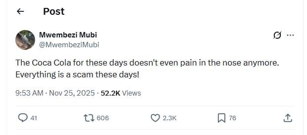 Post mwembezi mubi mwembeziluoi the coca cola for these days doesn't even pain i