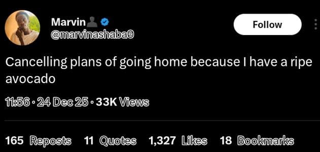 Marvin maivinashaba follow cancelling plans of going home because i have a ripe