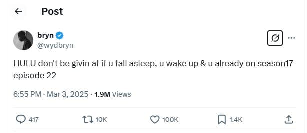 Post bryn wydbryn hulu don't be givin af if u fall asleep u wake up u already on