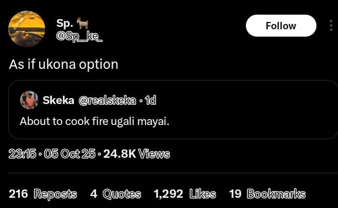 Sp ke follow as if ukona option skeka fealskeka 1 about to cook fire ugali mayai