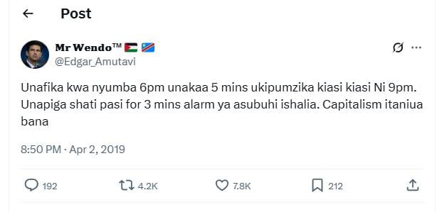 Post mr wendo tm edgar_amutavi unafika kwa nyumba 6pm unakaa 5 mins ukipumzika k