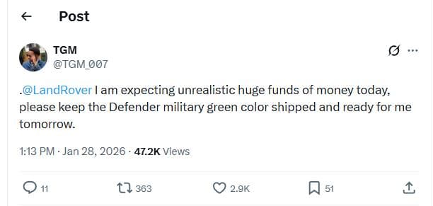 Post tgm tgm_007 landrover am expecting unrealistic huge funds of money today pl