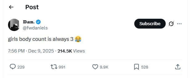 Post dan_ fwdaniels subscribe girls body count is always 3 756 pm dec 9, 214.5k