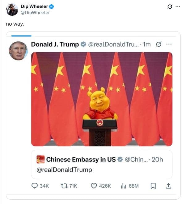 Dip wheeler dipwheeler no way. donald j. trump realdonaldtru . ' im chinese emba