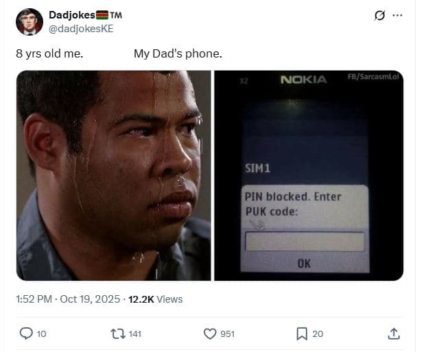 Dadjokes tm dadjokeske 8 yrs old me. my dad's phone. nokia f8sarcasmlo sim1 pin