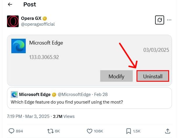 Post opera gx operagxofficial microsoft edge 0303 133.0..92 modify uninstall mic