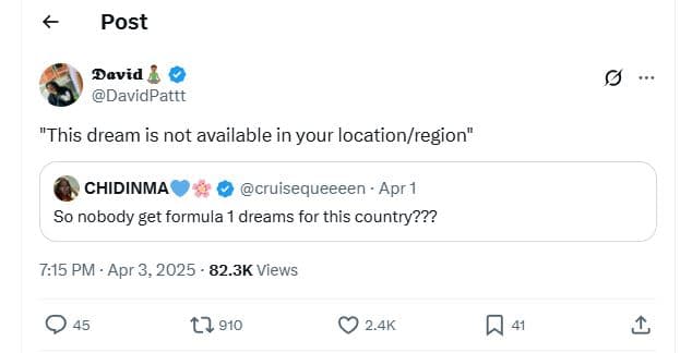 Post david davidpattt this dream is not available in your locationregion chidinm