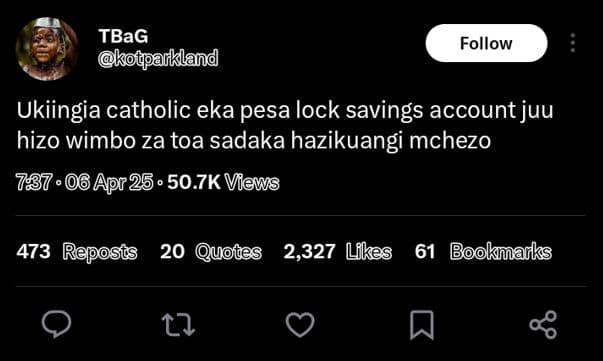 Tbag kofparkland follow ukiingia catholic eka pesa lock savings account juu hizo