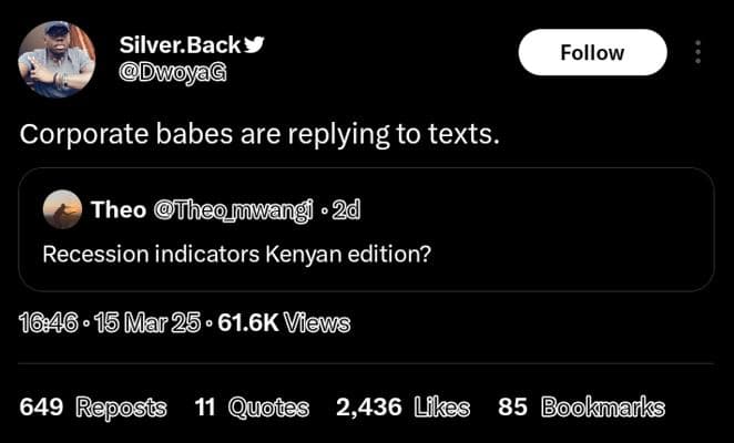 Silver back moya follow corporate babes are replying to texts . theo tiheomuwan