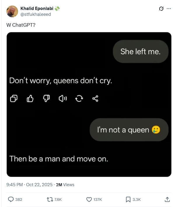 Khalid eponlabi stfukhaleeed w chatgpt? she left me don't worry queens don't cry