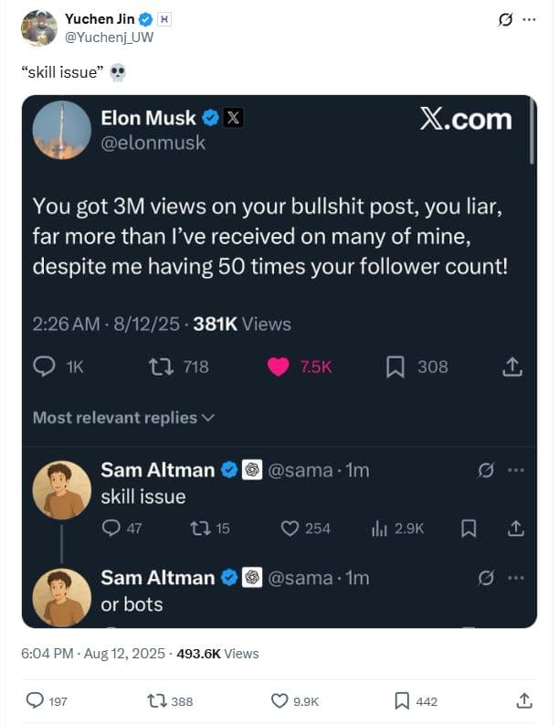 Yuchen jin yuchenj_uw skill issue elon musk x elonmusk xcom you got 3m views on