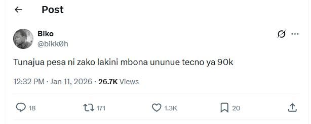 Post biko bikkoh tunajua pesa ni zako lakini mbona ununue tecno ya 9ok 12.32 pm