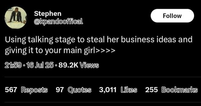 Stephen kpandooffical follow using talking stage to steal her business ideas and