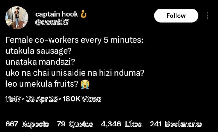 Captain hook owenkk7 follow female coworkers every 5 minutes utakula sausage? un