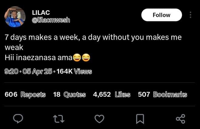 Lilac llacmwesh follow 7 days makes a week a day without you makes me weak hii i