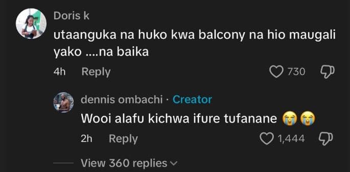 Doris k utaanguka na huko kwa balcony na hio maugali yako na baika 4h reply 0 73