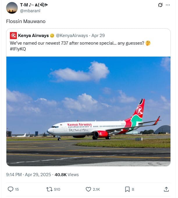 T.m aë? mbarani flossin mauwano kenya airways kenyaairways apr 29 we've named ou