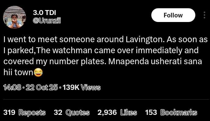 3.0 tdi urunzi follow went to meet someone around lavington. as soon as parked,