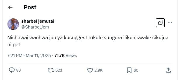 Post sharbel jemutai sharbeljem nishawai wachwa juu ya kusuggest tukule sungura