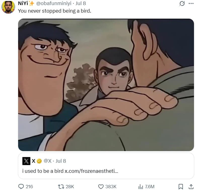 Niyi obafunminiyi jul 8 you never stopped being a bird. x jul 8 iused to be a bi