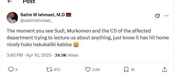 Post salim m ishmael, m.d salimishmael the moment you see sudi, murkomen and the