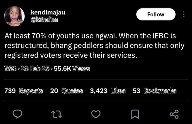 Kendimajau ksndlm follow at least 70 of youths use ngwai. when the iebc is restr