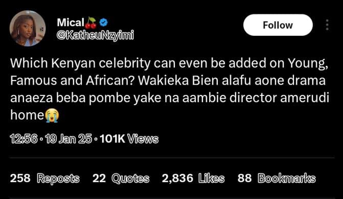 Mical katheunzyimi follow which kenyan celebrity can even be added on young famo