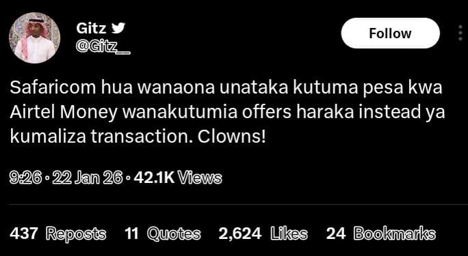 Gitz gitz follow safaricom hua wanaona unataka kutuma pesa kwa airtel money wana