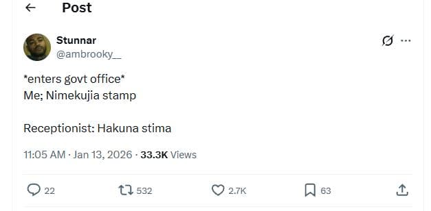 Post stunnar ambrooky 'enters govt office me nimekujia stamp receptionist hakuna