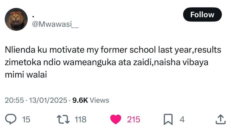 Follow mwawasi nlienda ku motivate my former school last year,results zimetoka n