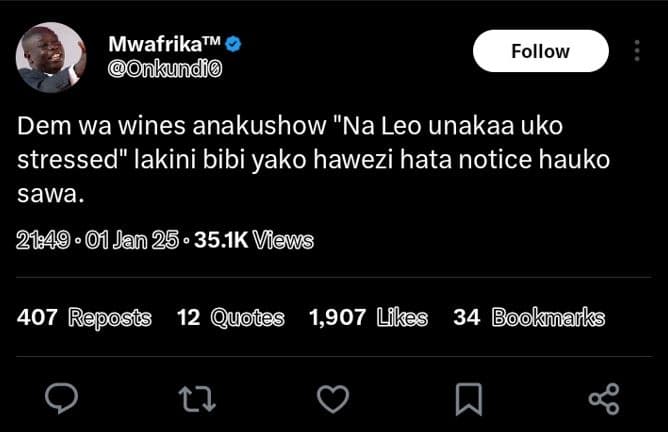 Mwafrikatm nkundo follow dem wa wines anakushow na leo unakaa uko stressed lakin