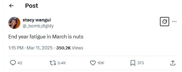 Post stacy wangui bomb_digidy end year fatigue in march is nuts 1.15 pm . mar 11