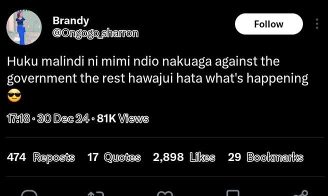 Brandy 0ng shanion follow huku malindi ni mimi ndio nakuaga against the governme