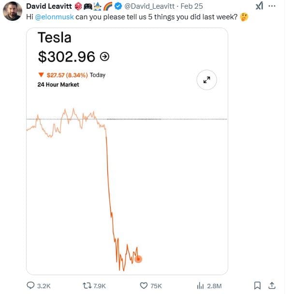 David leavitt david_leavitt feb 25 hi elonmusk can you please tell us 5 things y