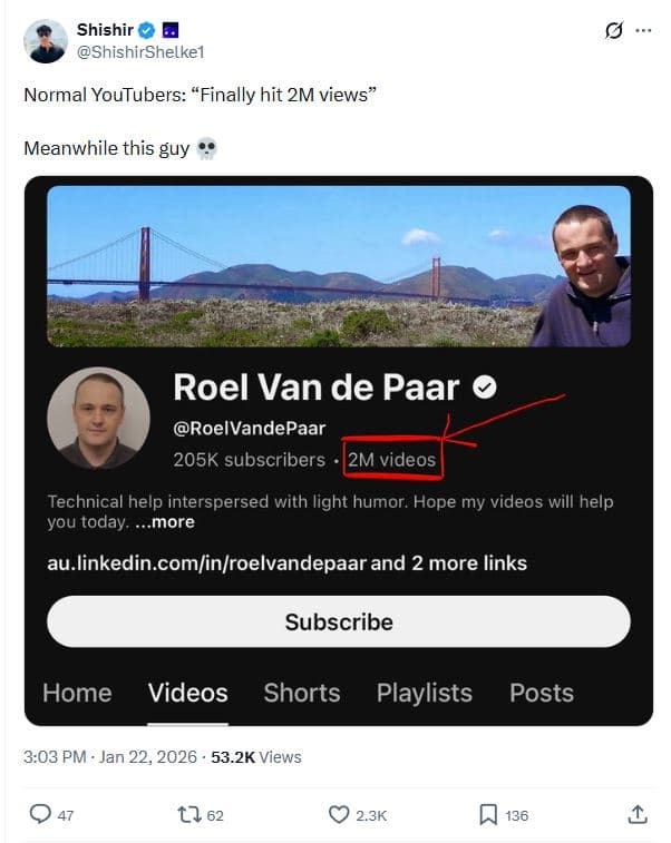 Shishir shishirshelkel normal youtubers finally hit 2m views meanwhile this guy