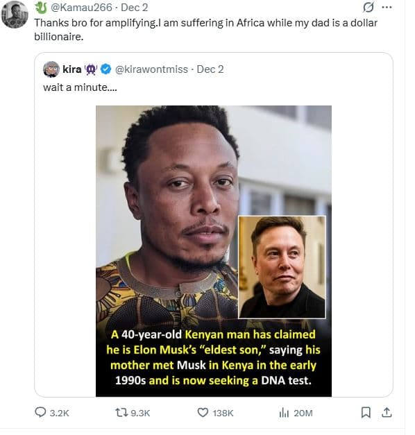 Kamau266 dec 2 thanks bro for amplifying l am suffering in africa while my dad i