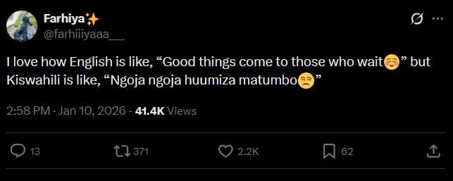 Farhiya farhiiiyaaa hlove how english is like, good things come to those who wai